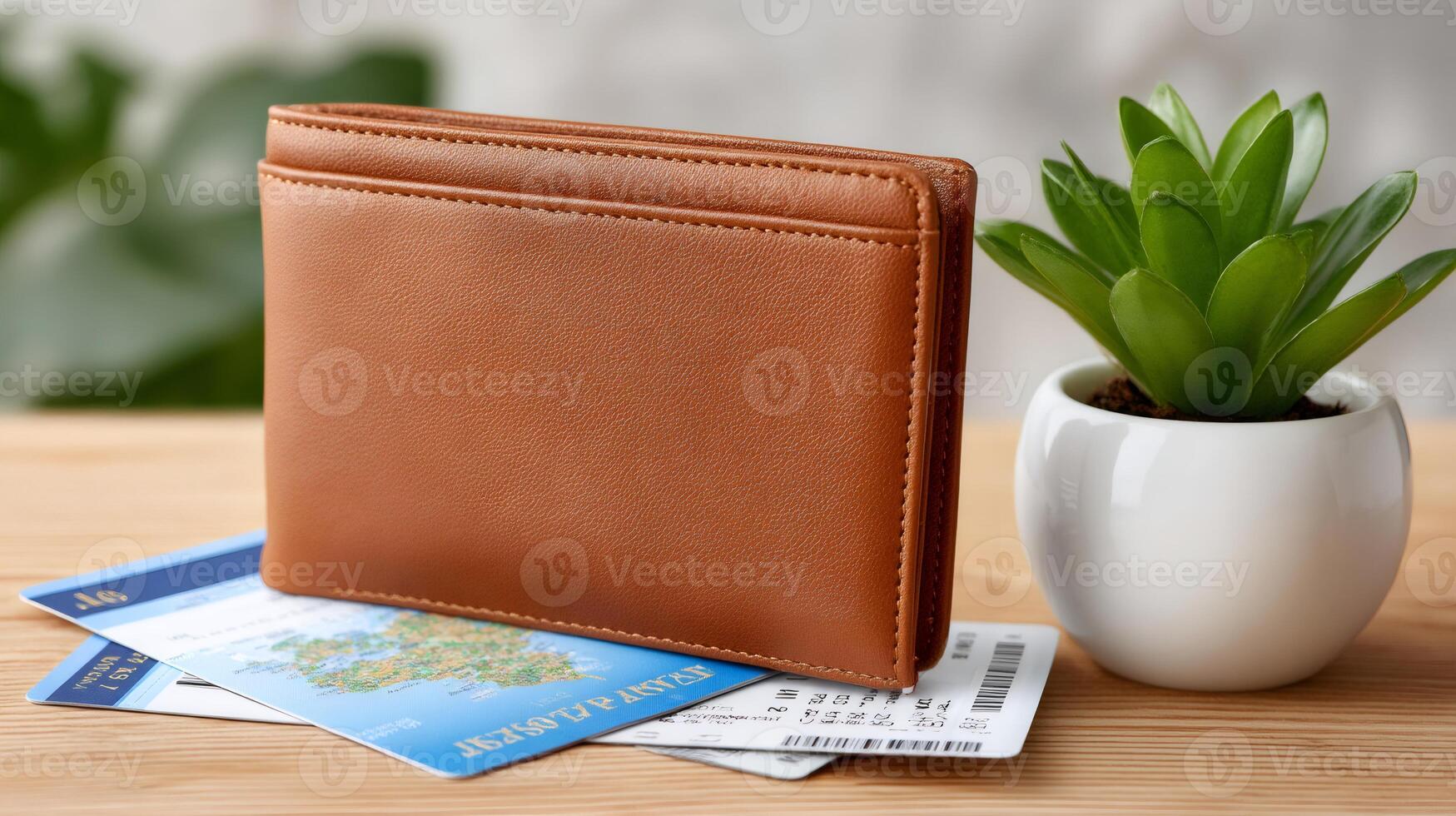 Leather passport holder on wooden table with airplane tickets and small plant photo