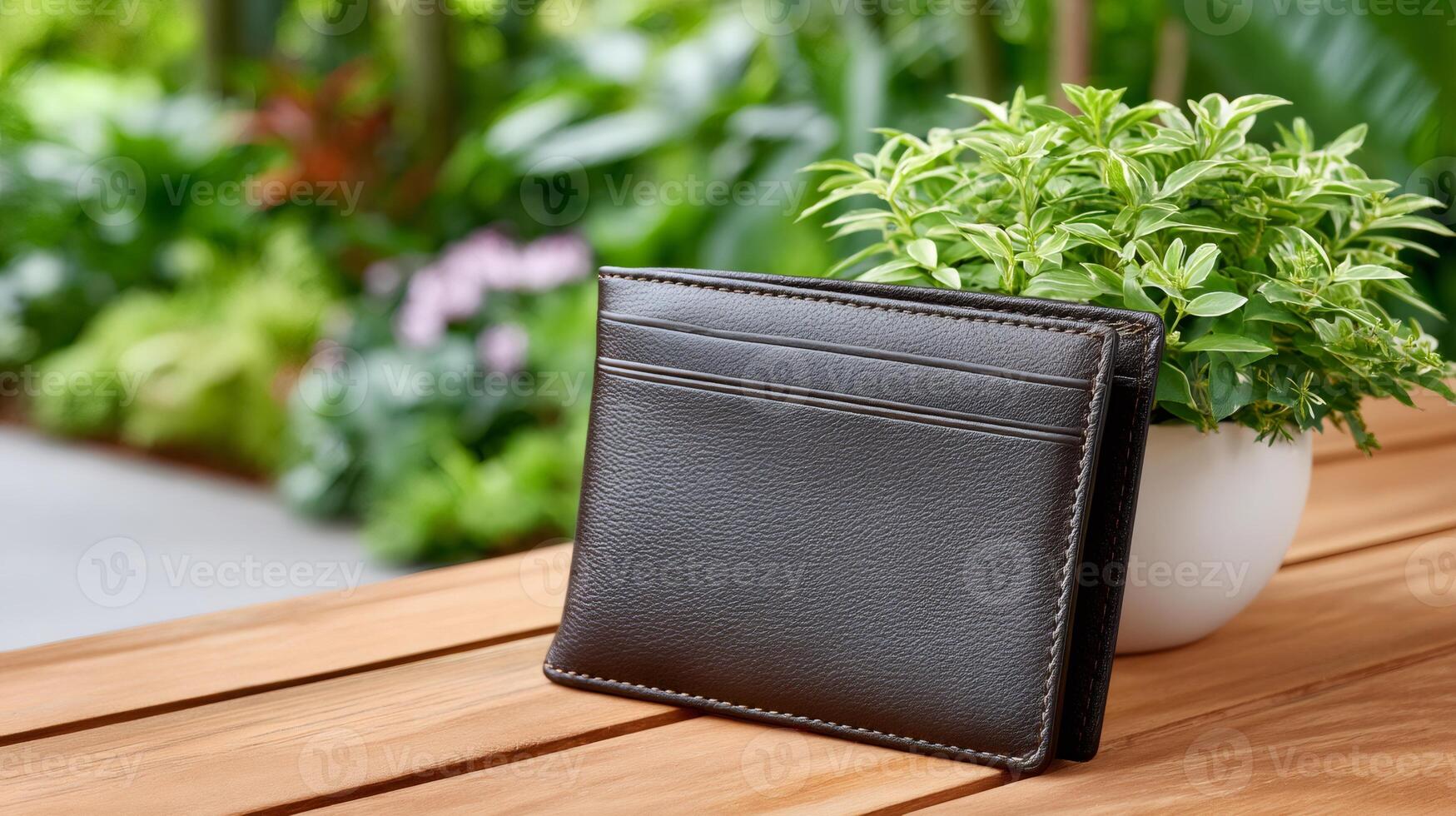 Brown leather wallet resting on wooden table in tranquil garden setting photo
