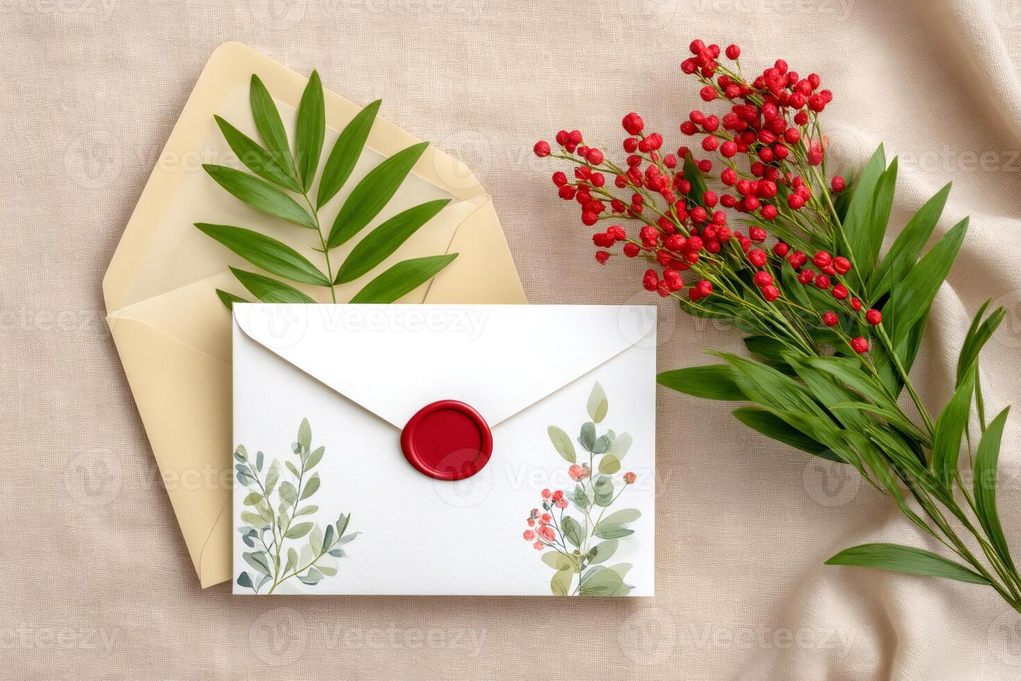 Elegant white envelope with red wax seal and green leaves on beige linen background photo