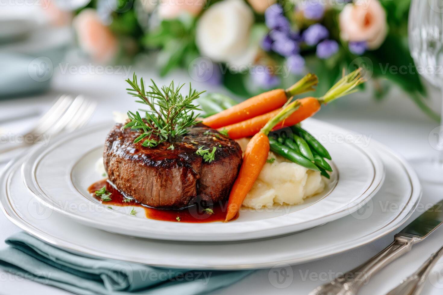 Juicy steak with rosemary, mashed potatoes, carrots and green beans resting on elegant white plate photo