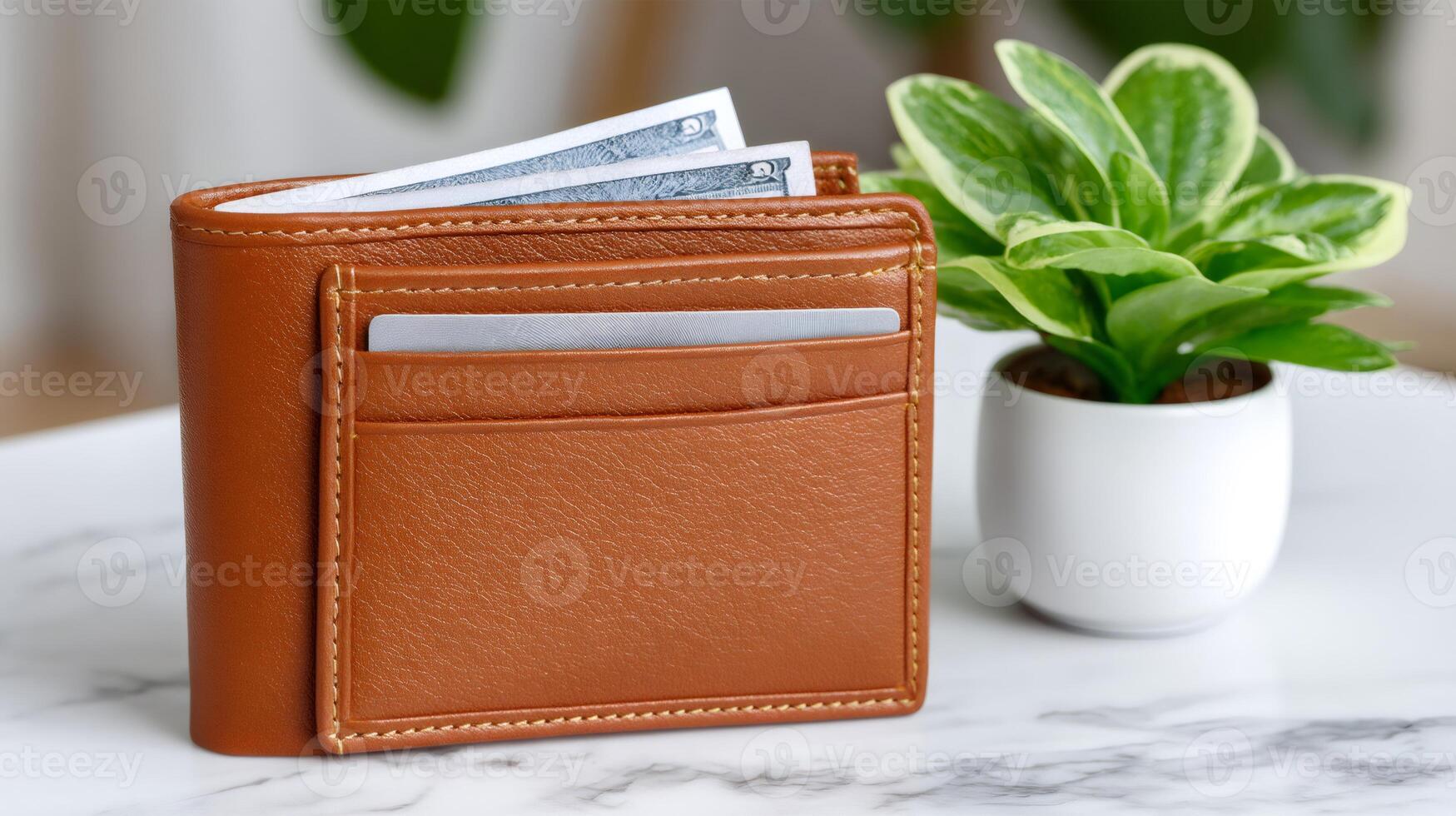Brown leather wallet with US Dollars and credit cards is showing prosperity and financial stability photo