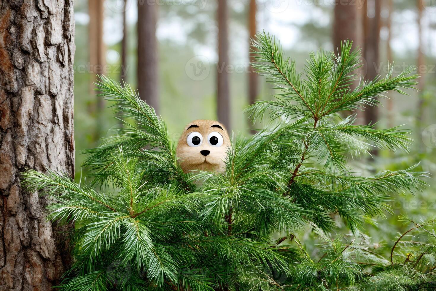 Cartoon gopher hiding behind pine branches in a sunny forest photo