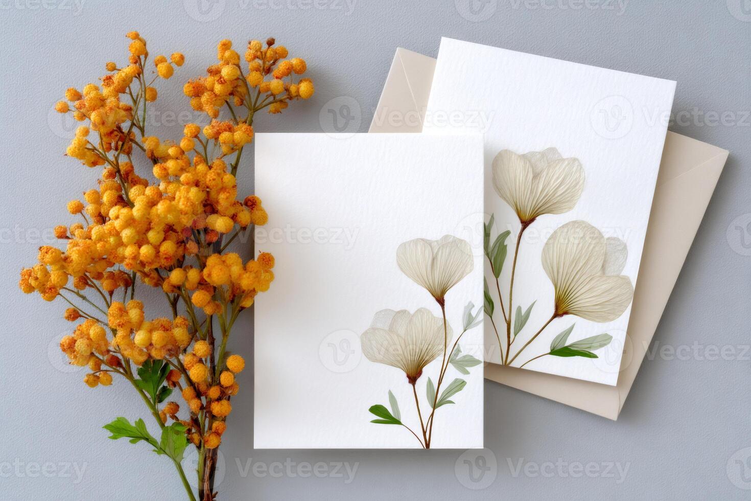 Elegant greeting cards with floral design and mimosa pudica flowers photo
