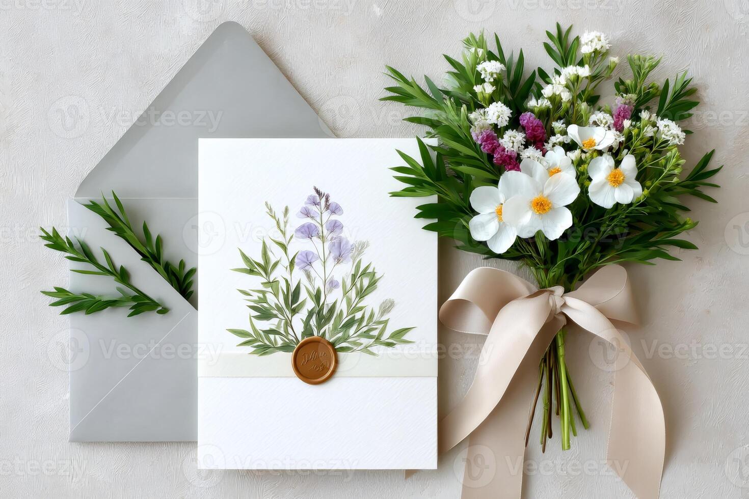 Wedding invitation with wax seal, bouquet and gray envelope lying on a table photo