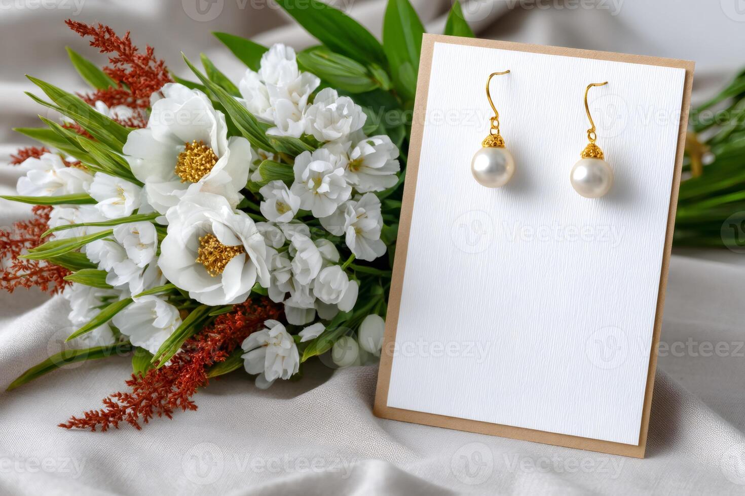 Elegant pearl earrings displayed on a card near a bouquet of white flowers photo