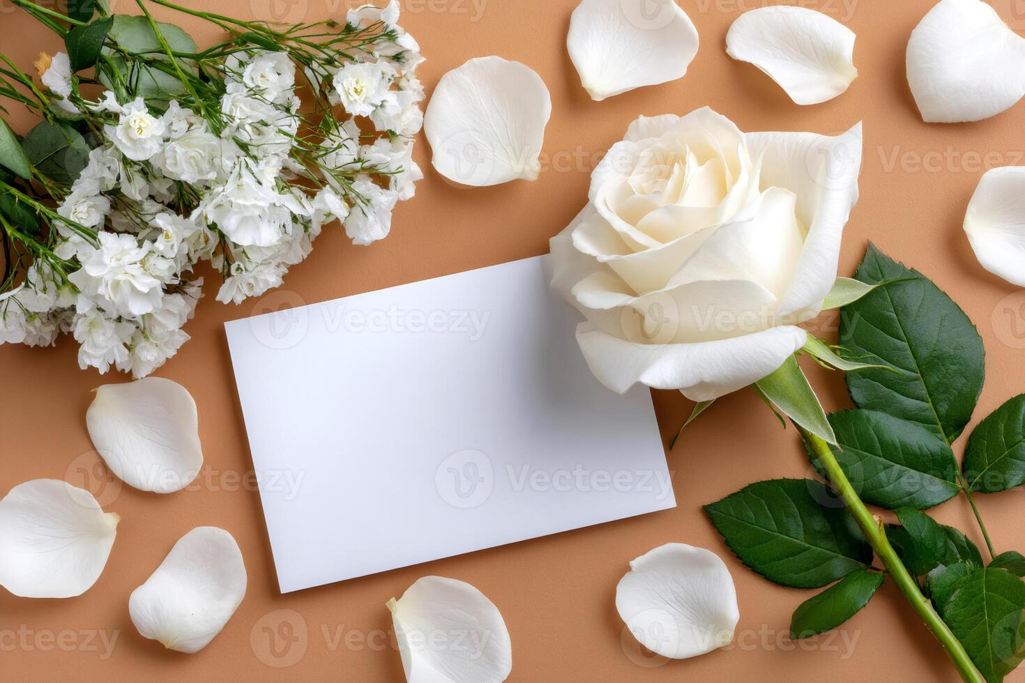 White rose, gypsophila paniculata and blank greeting card lying on brown background photo
