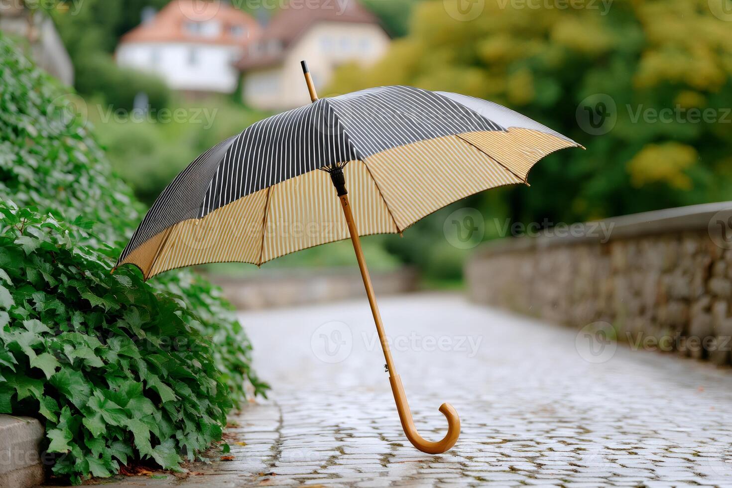 Elegant umbrella standing on cobblestones in a blurred urban park after the rain photo