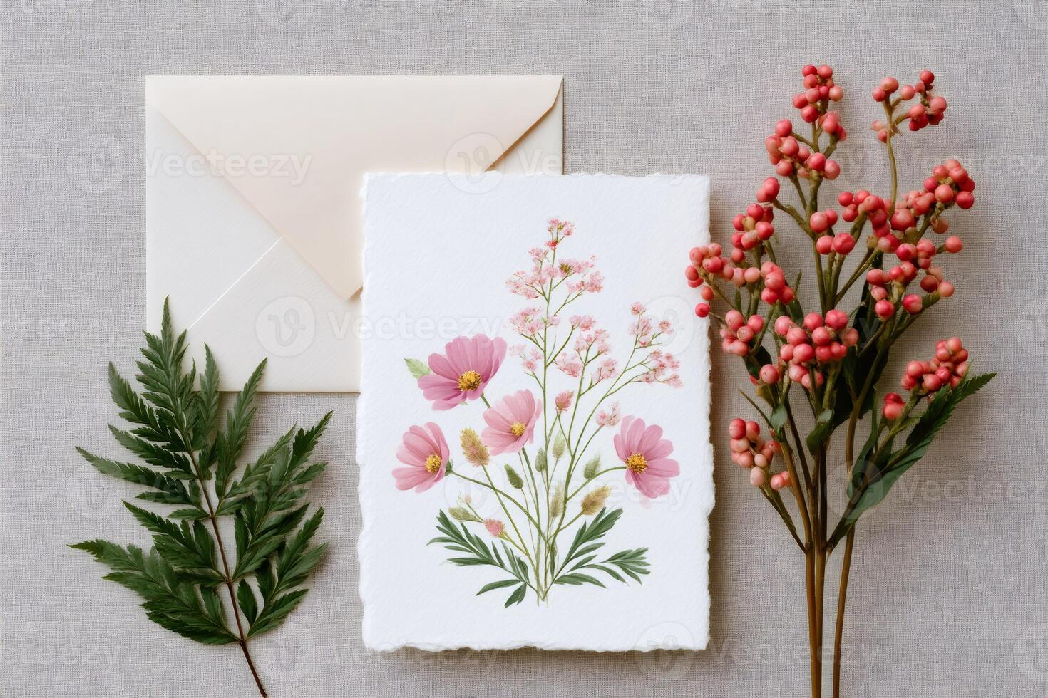 Delicate pink cosmos flowers and berries decorating a wedding invitation card photo