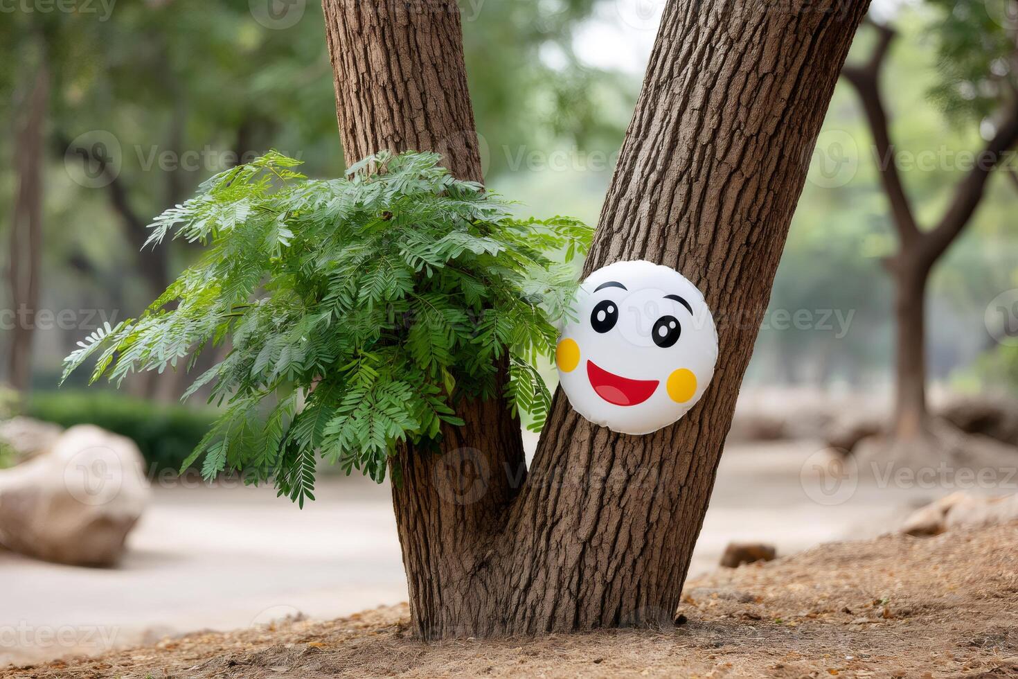 Happy face emoticon hugging a tree in a park photo