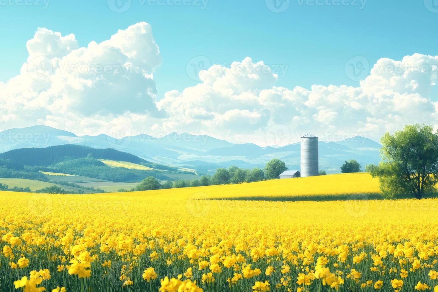 Yellow rapeseed flowers field covering rolling hills with mountains in background photo