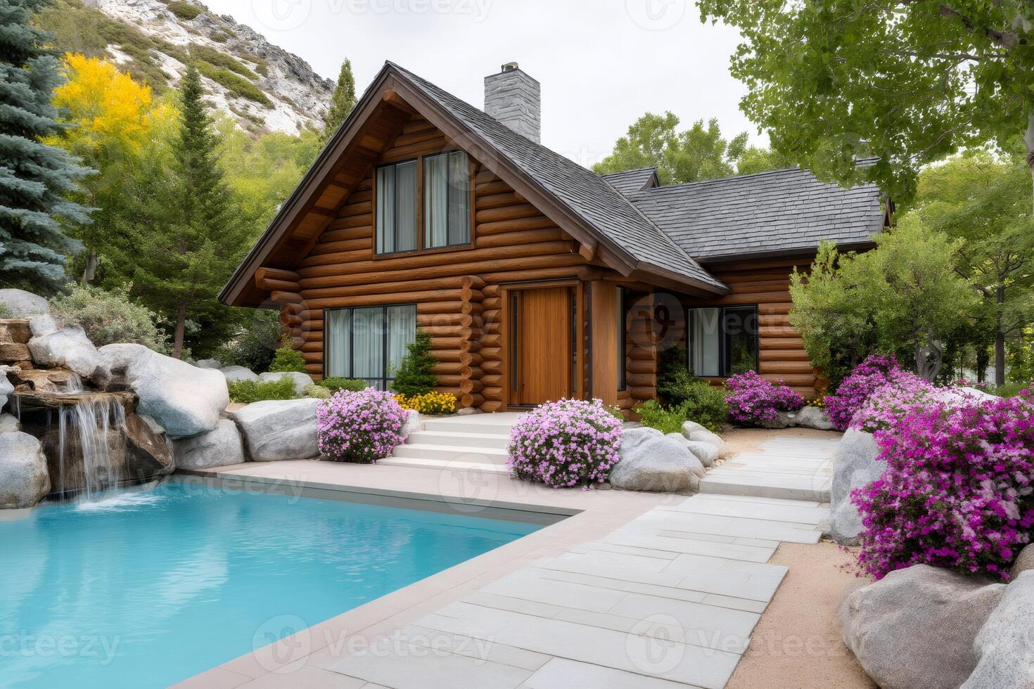 Luxurious log cabin with pool and waterfall surrounded by flowers and trees photo
