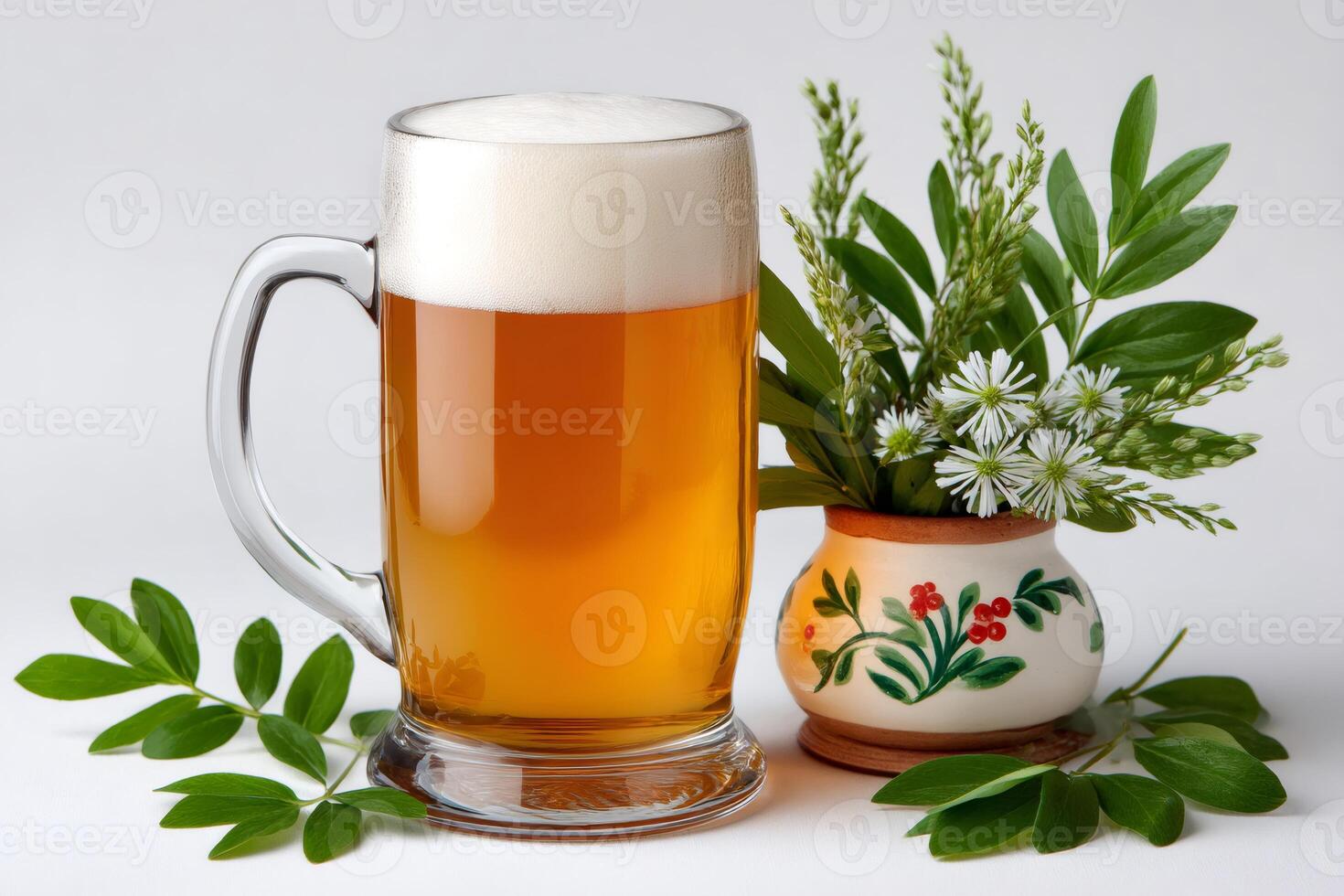 Refreshing mug of beer with white foam and bouquet of wildflowers photo