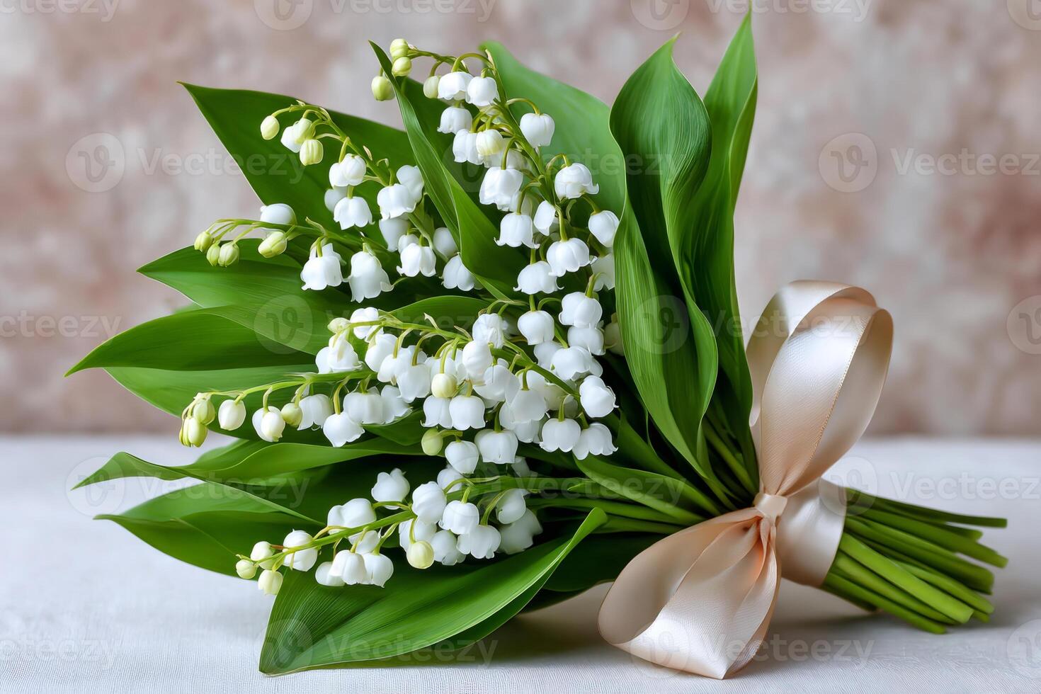 Beautiful bouquet of lily of the valley flowers tied with a satin ribbon lying on a table photo