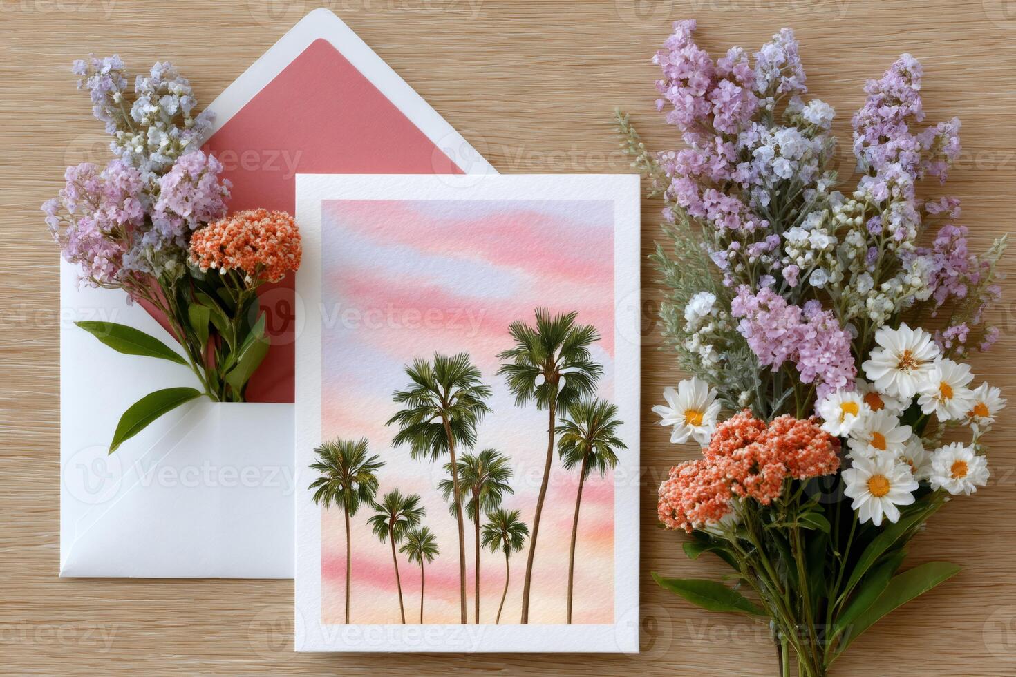Watercolor painting of palm trees at sunset on greeting card with envelope and flowers photo