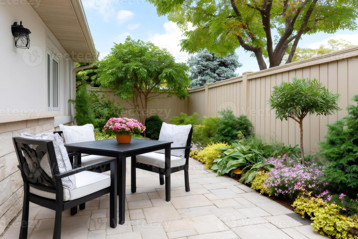 Enjoying relaxing backyard patio with table, chairs and beautiful landscaping photo