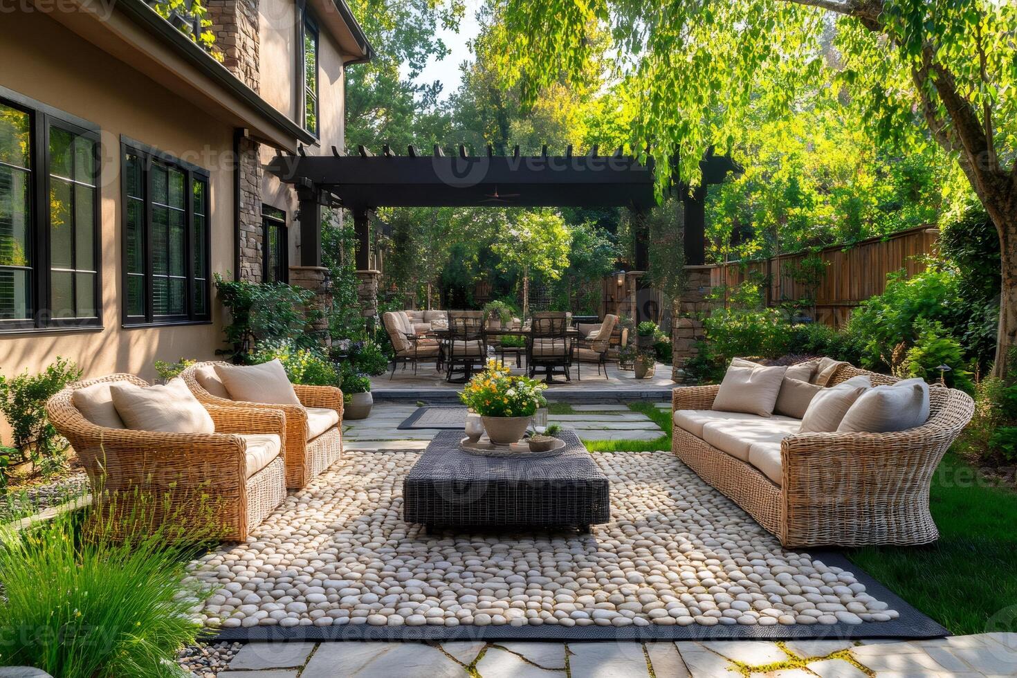 Pebble Patio with Pergola and Wicker Furniture Creating Relaxing Backyard Oasis photo