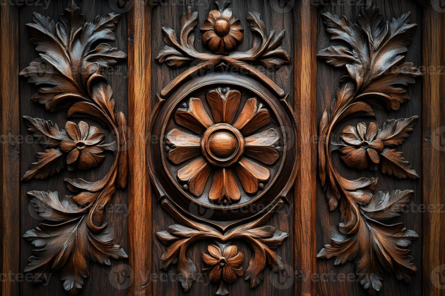 Carved wooden panel showing floral decorations and a central rosette photo