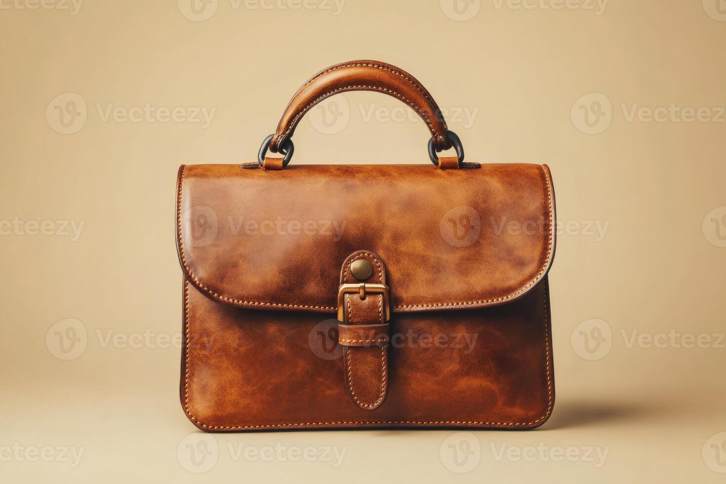 Elegant brown leather handbag resting on a beige background photo