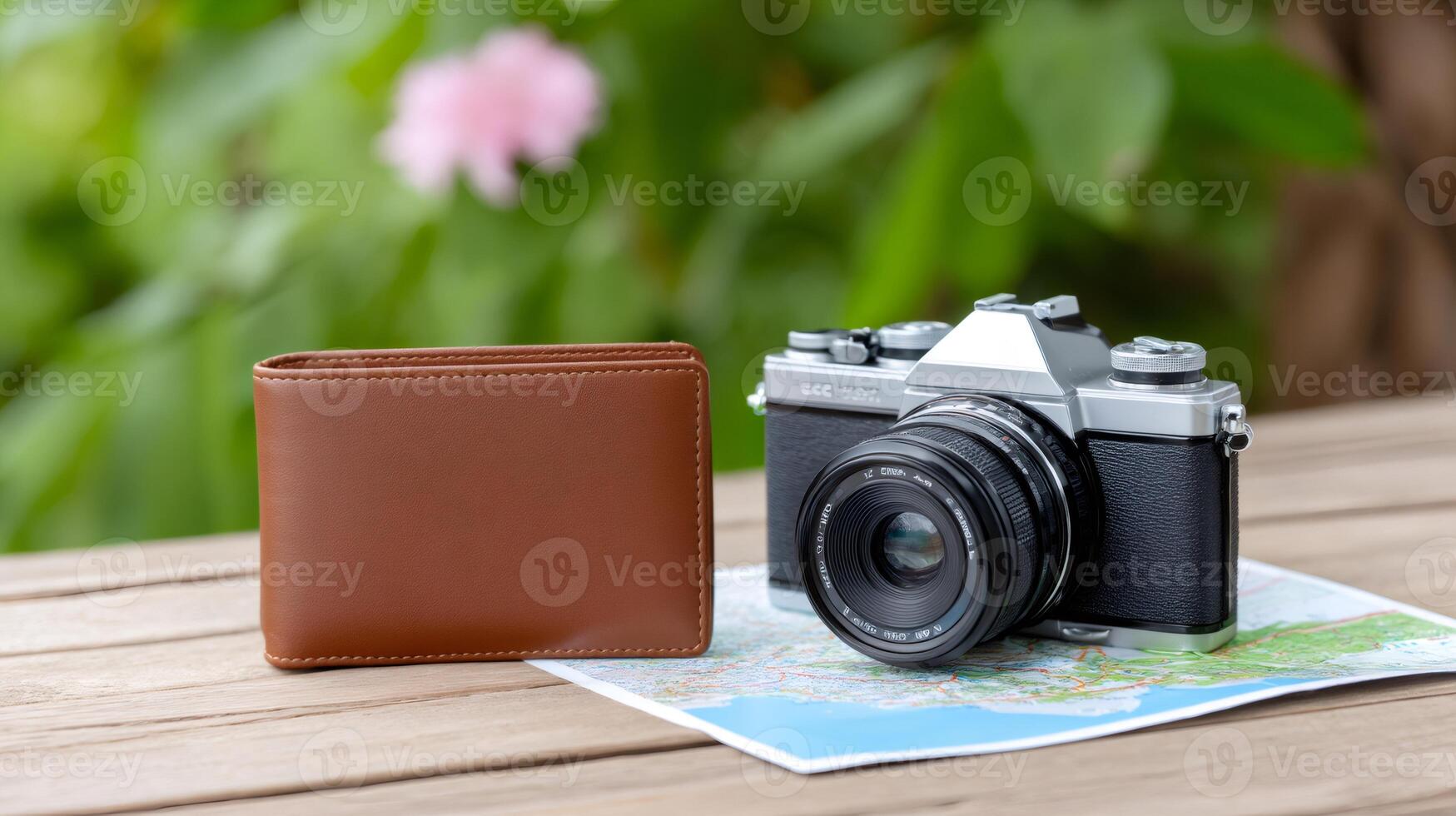 Planning summer vacation with camera, map and wallet on wooden table photo