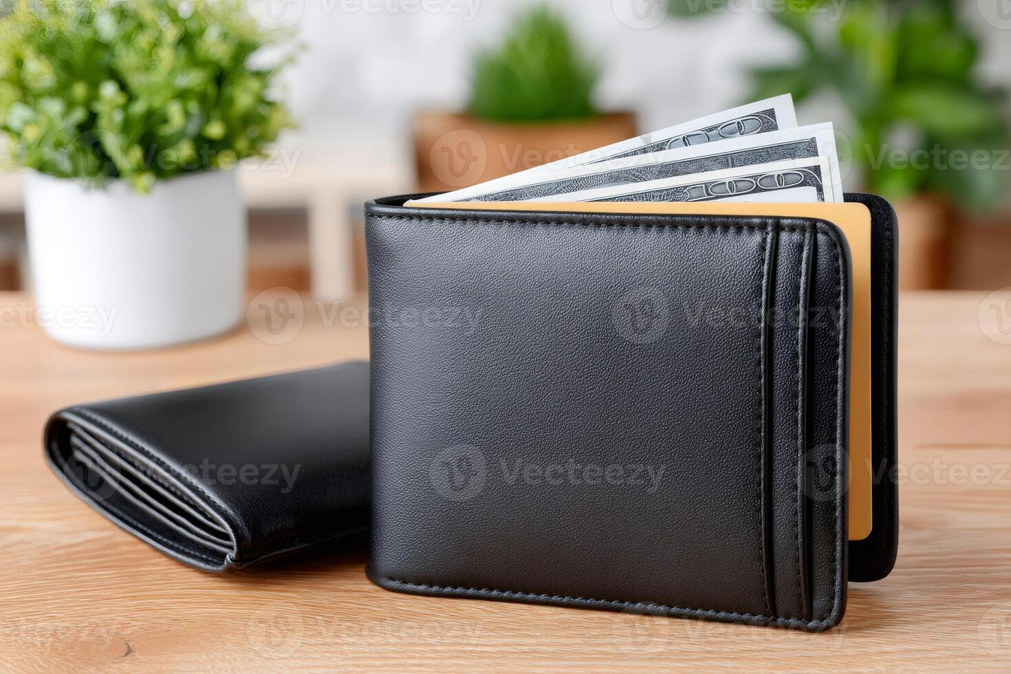 Black leather wallet full of one hundred dollar bills on wooden table photo