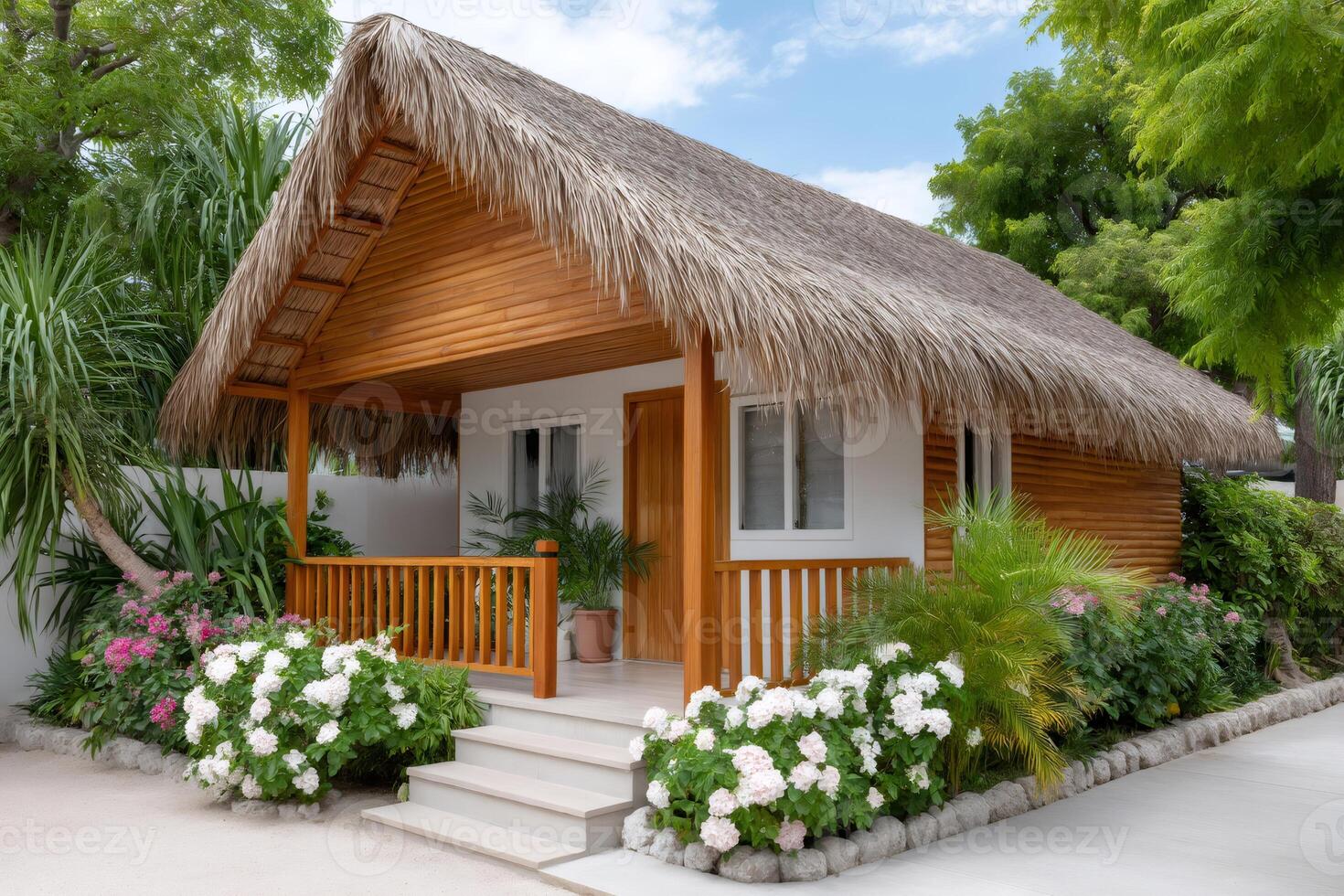 Tropical bungalow with thatched roof surrounded by lush vegetation. photo