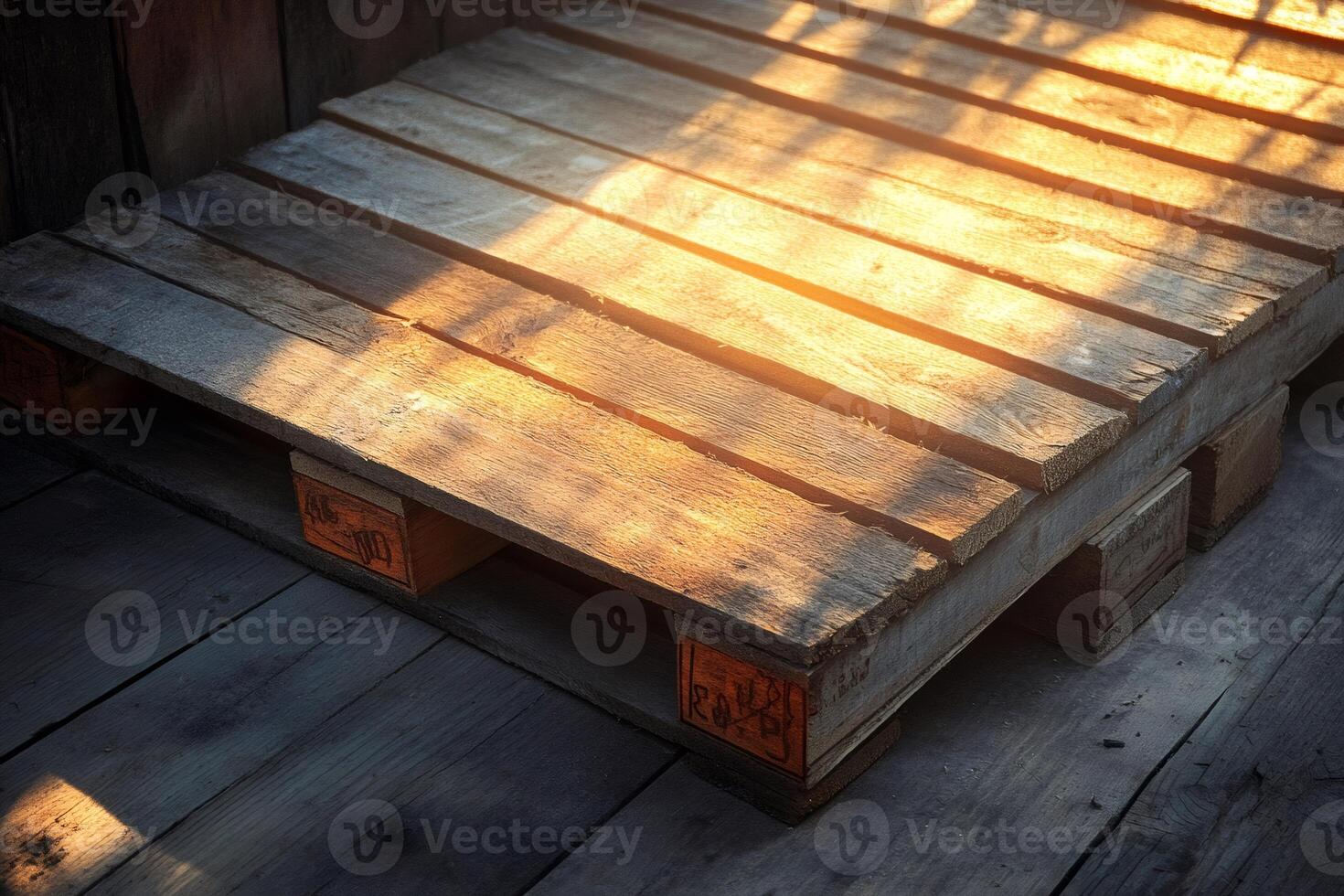 Wooden pallet bathing in warm sunset light on a wooden floor photo