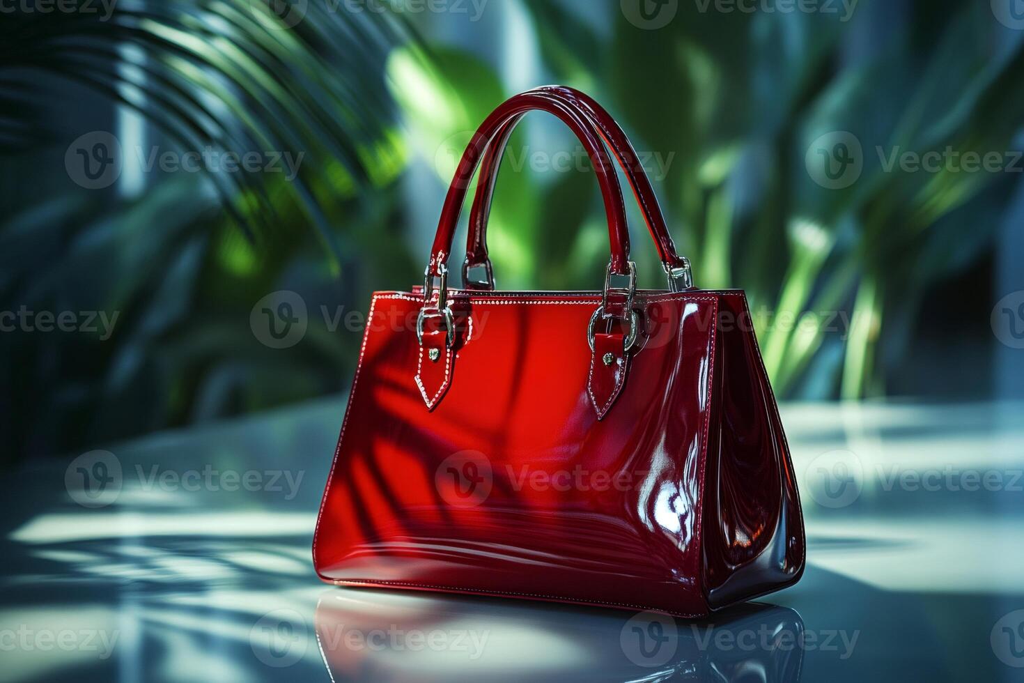 Elegant red patent leather handbag resting on glass table photo