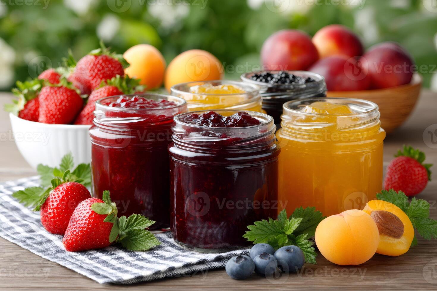 Jars of delicious homemade fruit jam resting on wooden table photo