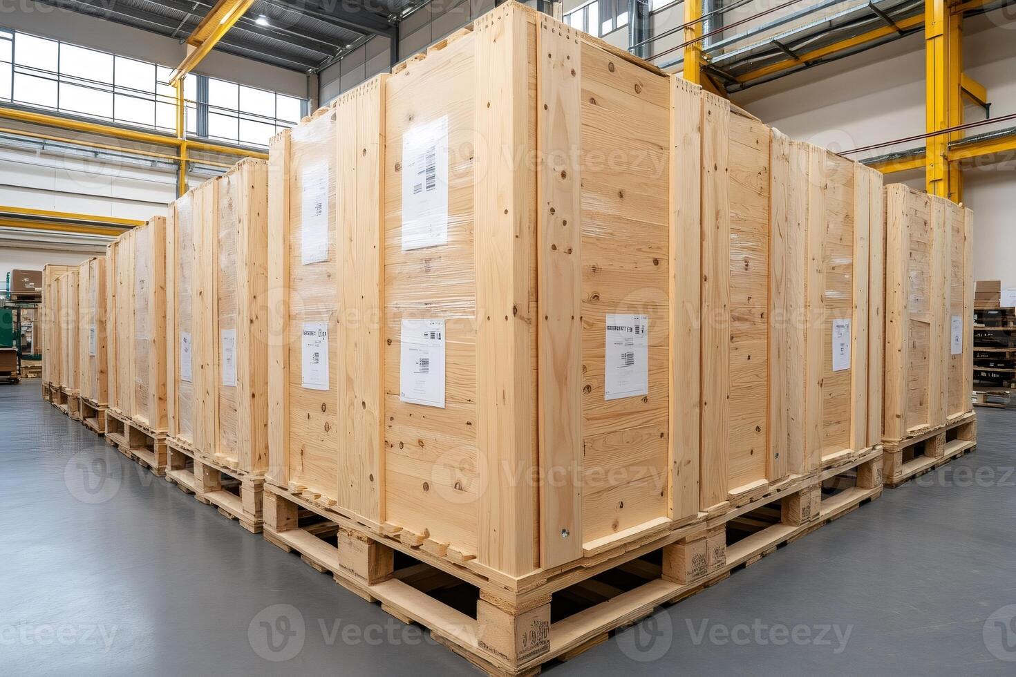 Large wooden crates standing on pallets in warehouse photo