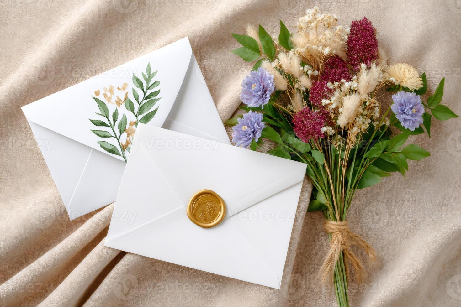 Elegant wedding stationery and dried flowers bouquet lying on beige linen fabric photo