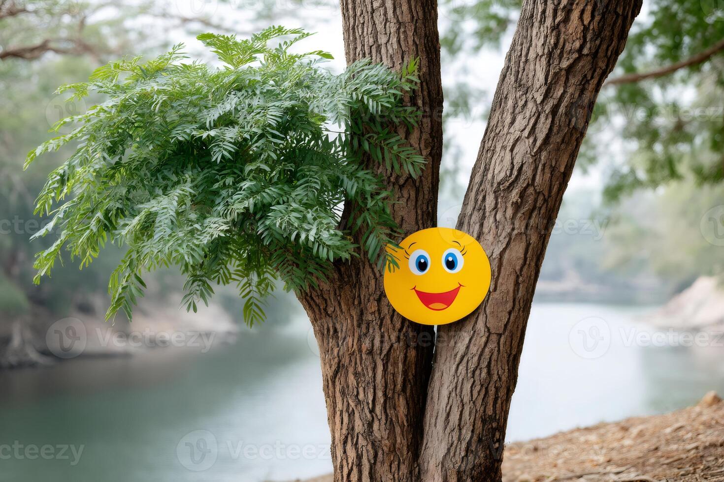 Yellow smiley face hanging on a tree trunk near a river photo