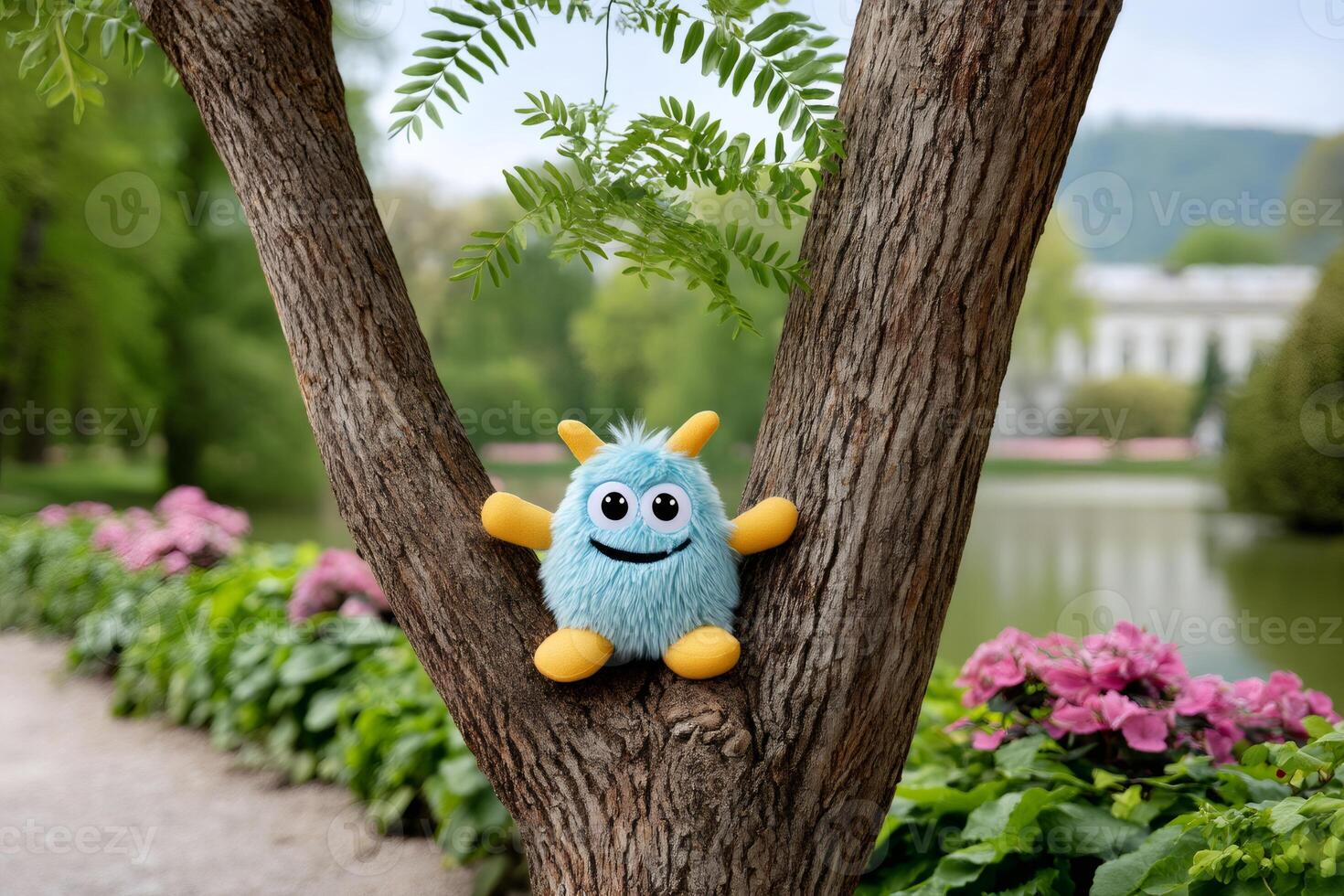 Blue fluffy monster hugging a tree in a park photo