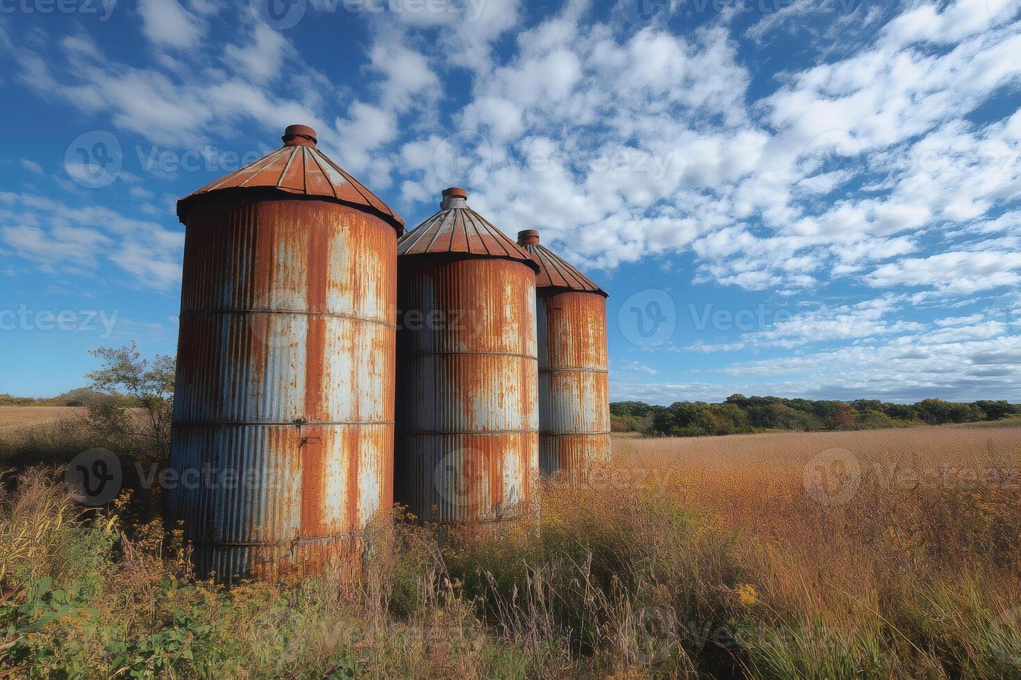 Rusty corrugated metal grain silos standing in overgrown field under blue sky photo