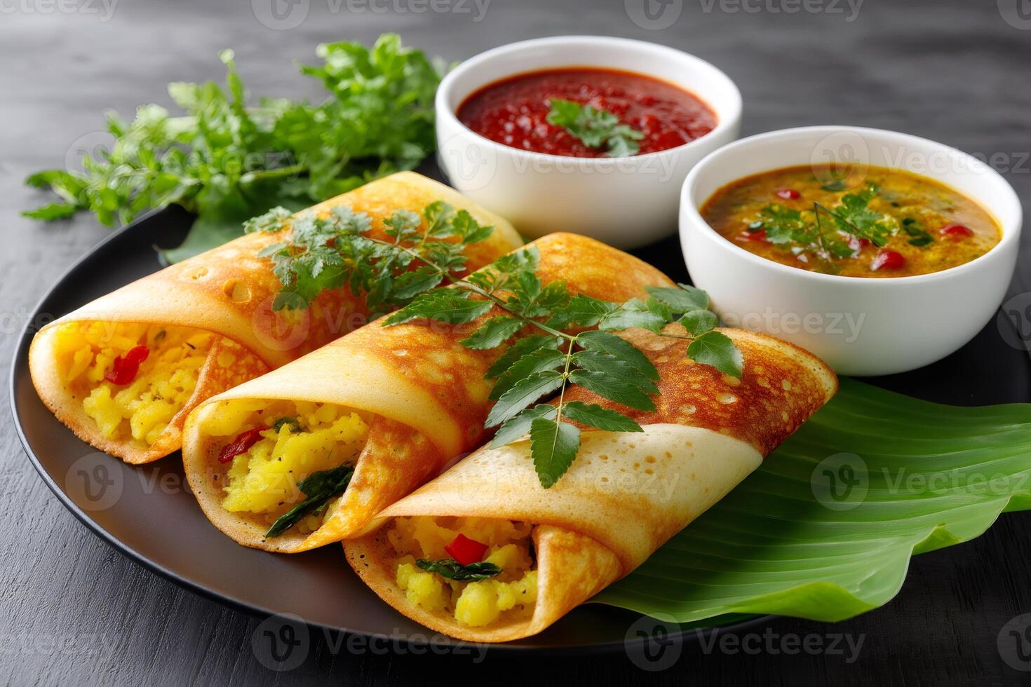 Masala dosa, a south indian pancake, served with sambar and chutney dipping sauces photo