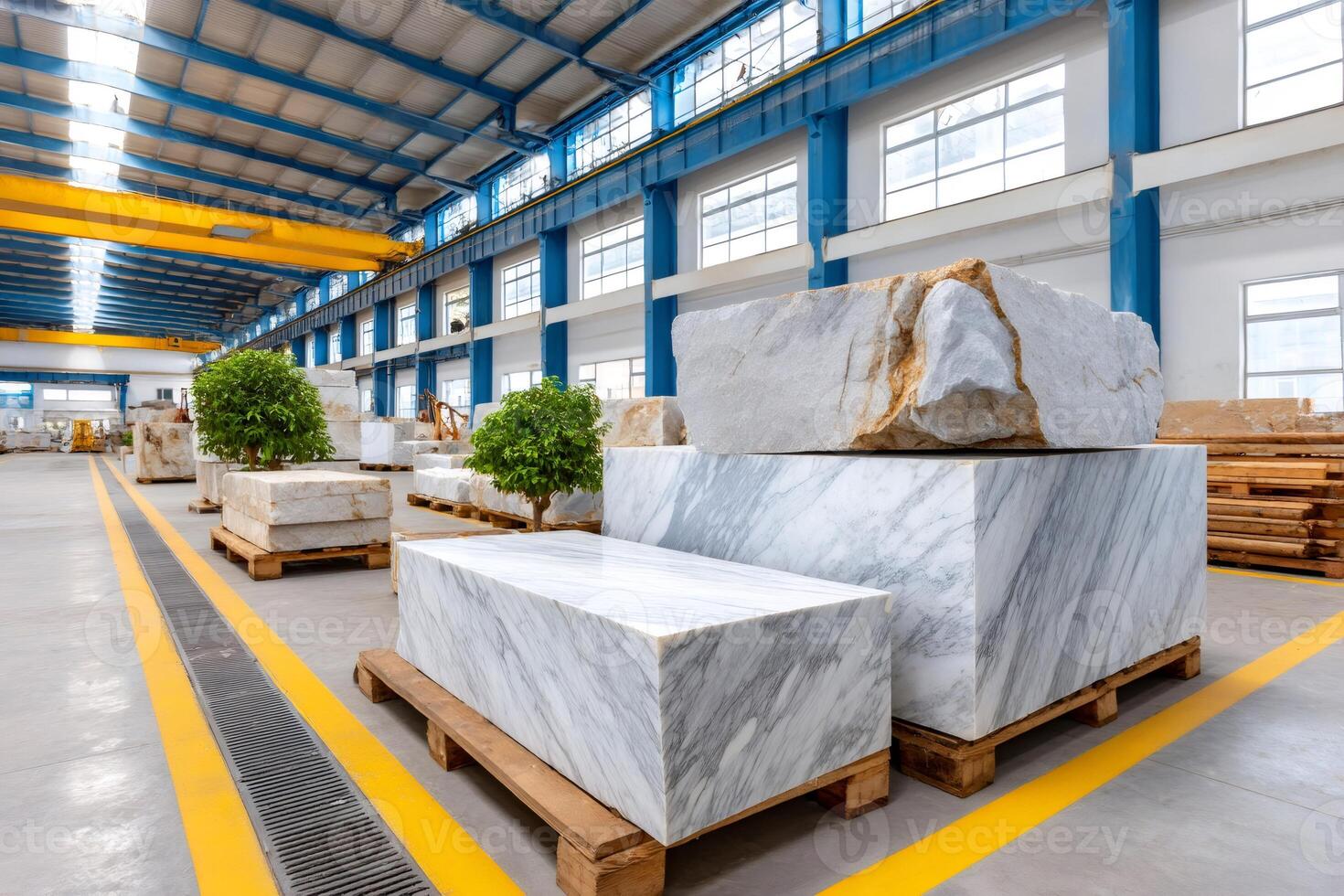 Marble blocks awaiting processing in factory warehouse photo