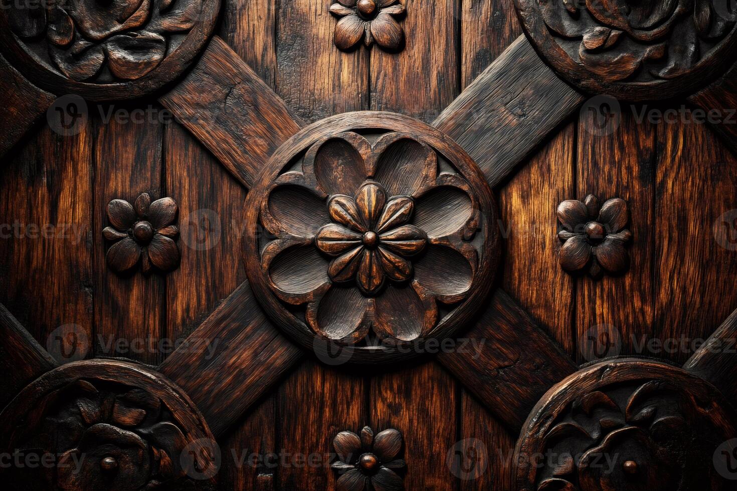 Carved wooden surface creating beautiful floral pattern with crossing planks photo