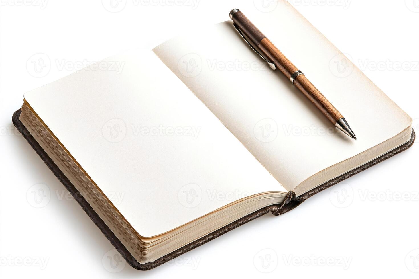 Open notebook with blank pages and wooden pen inviting to write photo