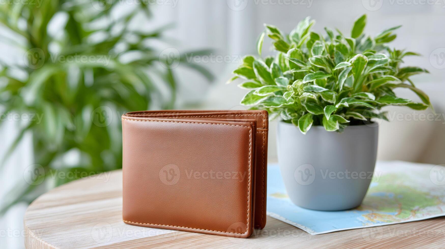 Brown leather wallet standing on wooden table with houseplant and map photo