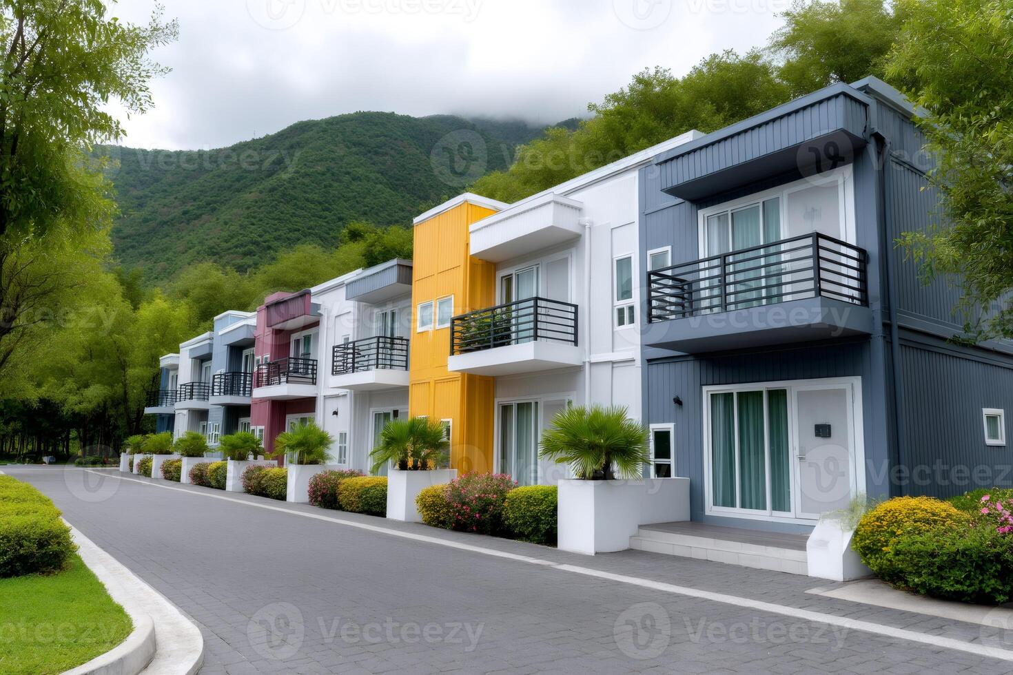 Modern container houses offering sustainable and stylish living near a mountain range photo