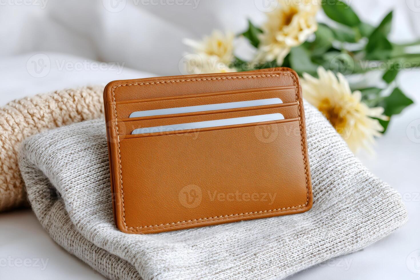 Stylish brown leather wallet with credit cards lying on soft woolen sweater photo