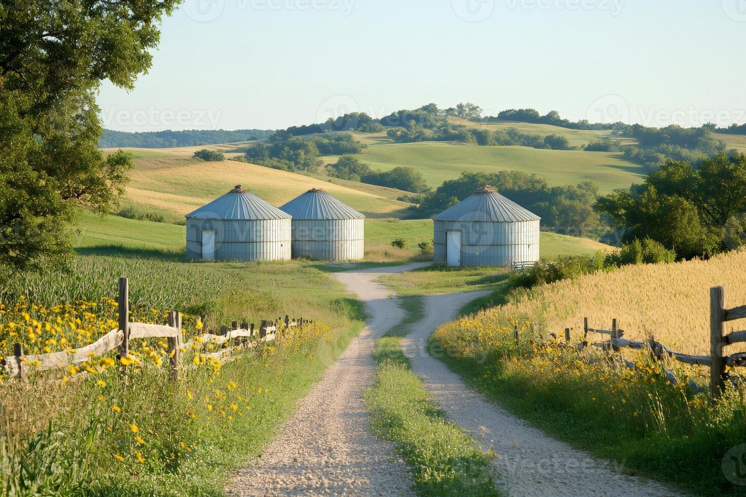 Gravel road leading to grain silos in the rolling hills of Driftless Area photo