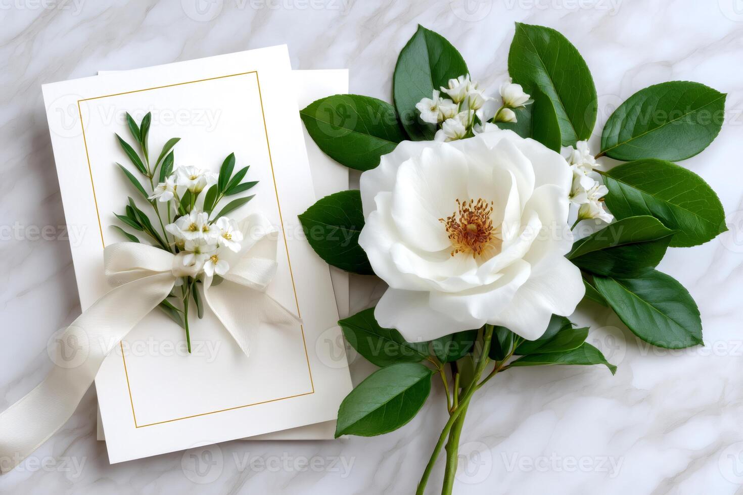 Wedding stationery mockup featuring white rose and greenery on marble background photo