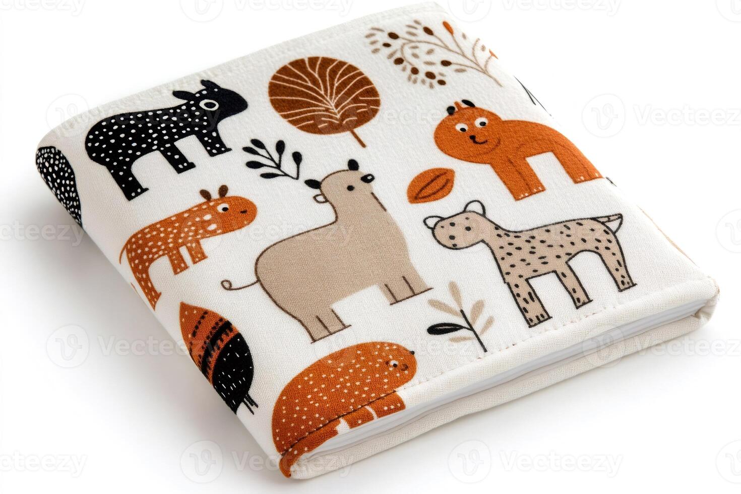 Baby's fabric book featuring various friendly forest animals resting on a white background photo