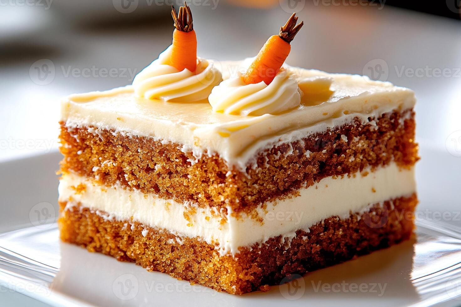 Delicious carrot cake slice decorated with cream and marzipan carrots is waiting on a white plate photo