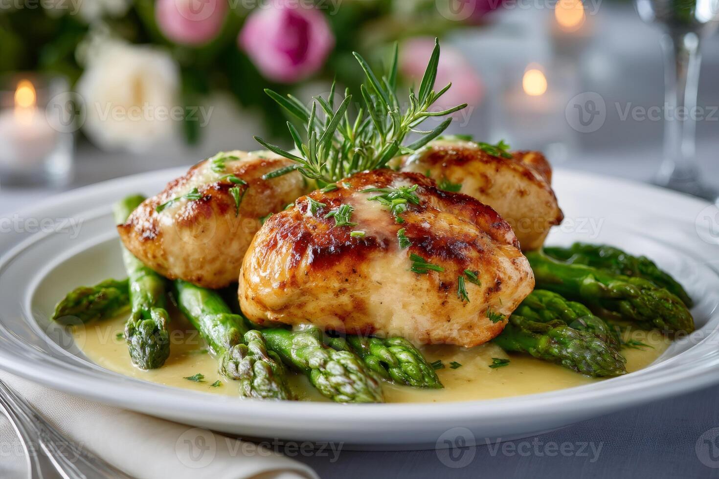 Rosemary chicken breast with creamy asparagus sauce garnished with fresh herbs photo