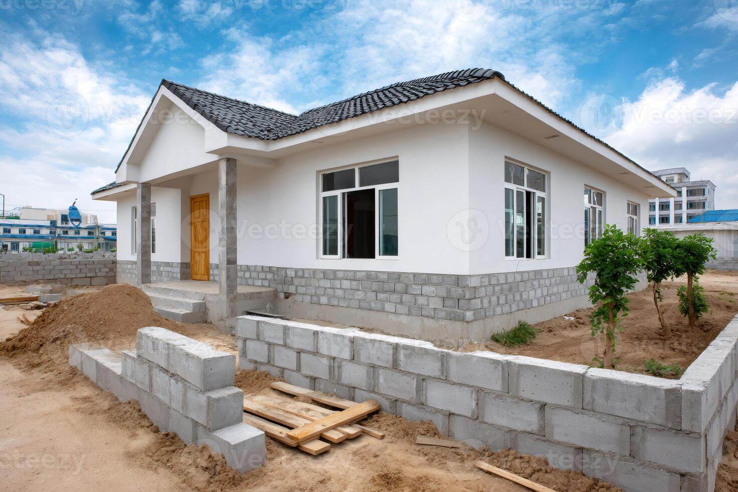 New suburban house under construction featuring gray brick wall and wooden planks photo
