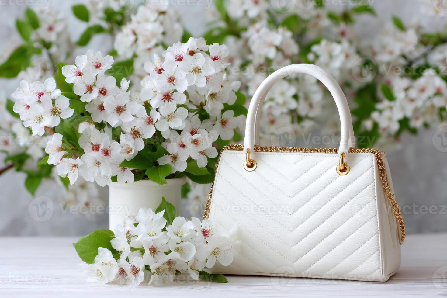 White elegant handbag and cherry blossom decorating a table photo