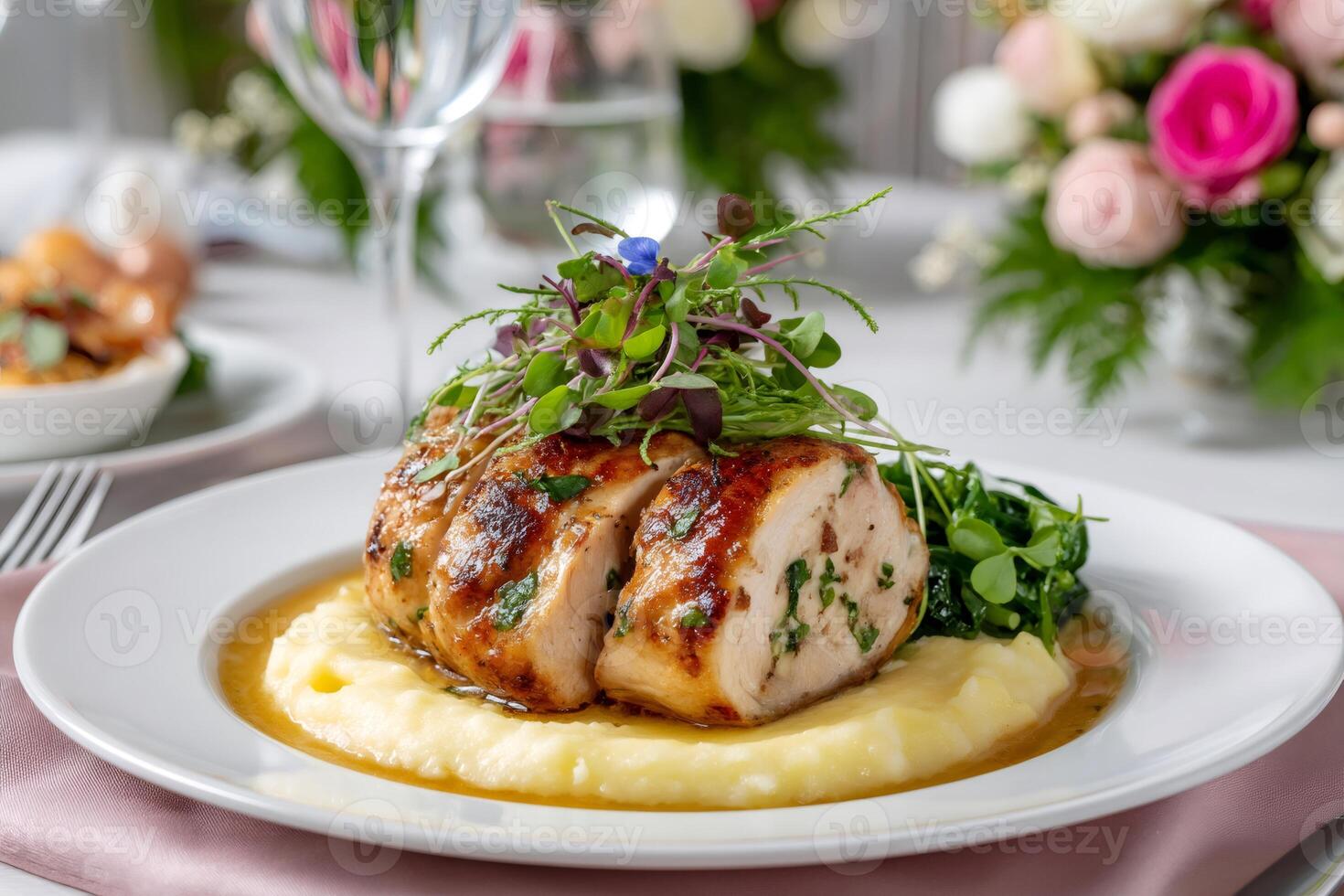 Sliced stuffed chicken breast with mashed potatoes and spinach, garnished with microgreens photo