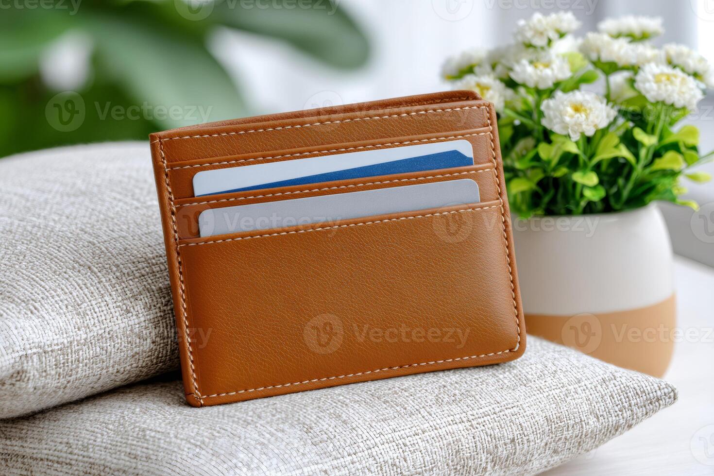 Brown leather wallet holding credit cards resting on gray cushions photo