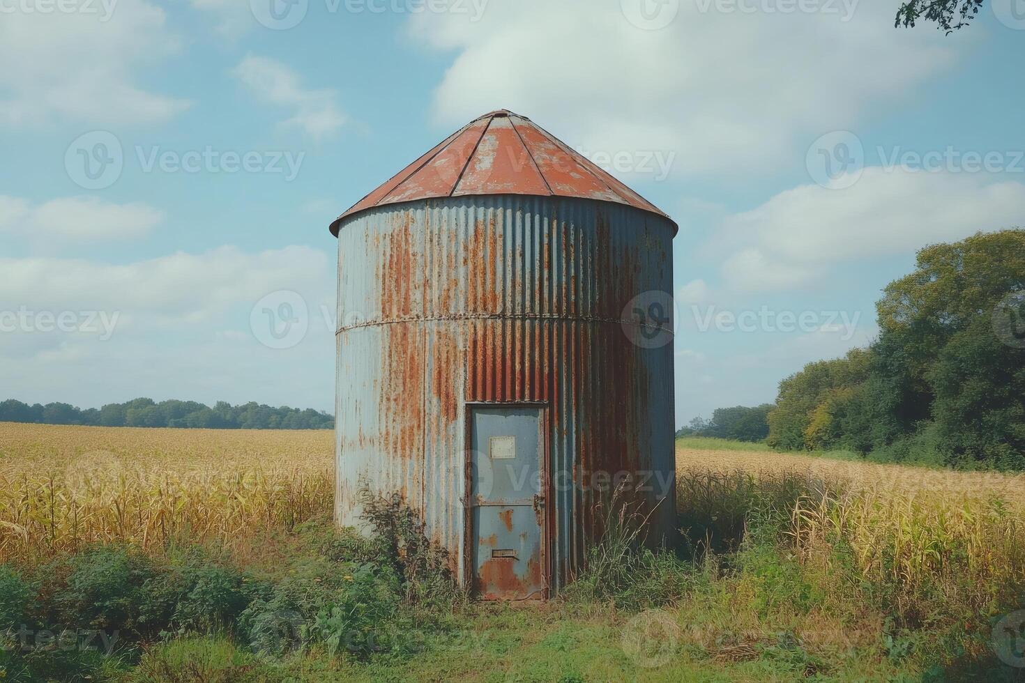 Rusty metal grain silo standing in a field of corn under a summer sky photo